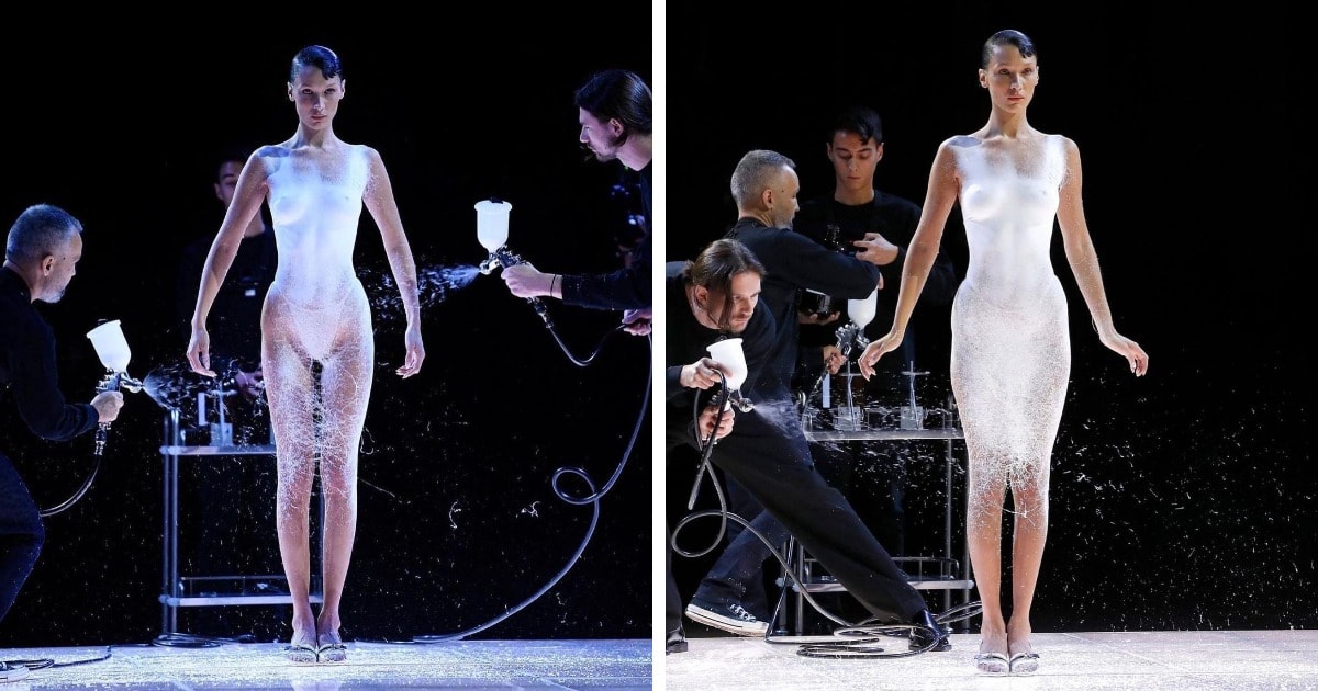 На парижской Неделе моды на Беллу Хадид нанесли спрей, который превратился в платье. И да, его можно стирать!