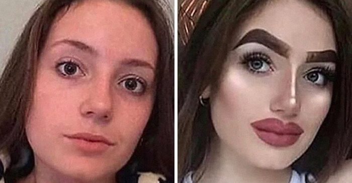 девушка до и после макияжа